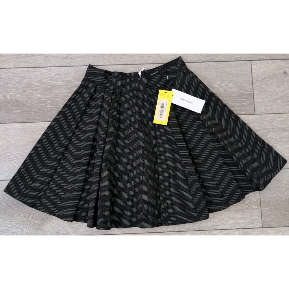 Karen Millen Black Brown Chevron Stripe A-line Flare Skirt Size 6 NWT